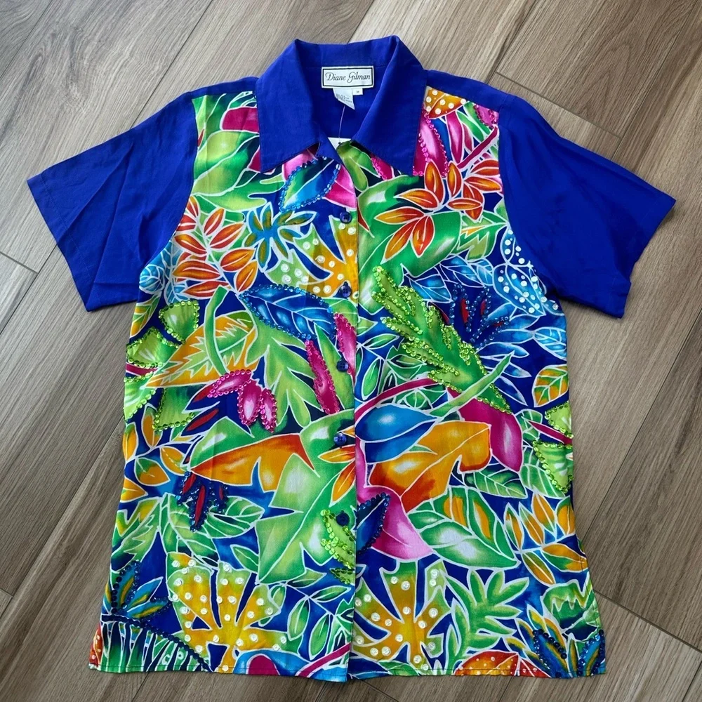 Vintage 100% Silk Sequin Embellished Royal Blue Green Tropical Button Down🌴 - Picture 1 of 8